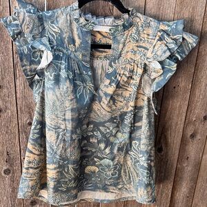 Ulla Johnson Blue and Tan Floral Blouse